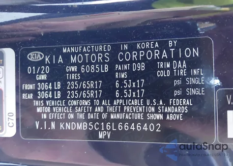 2020 Kia Sedona Lx из США, поврежденный, VIN KNDMB5C16L6646402